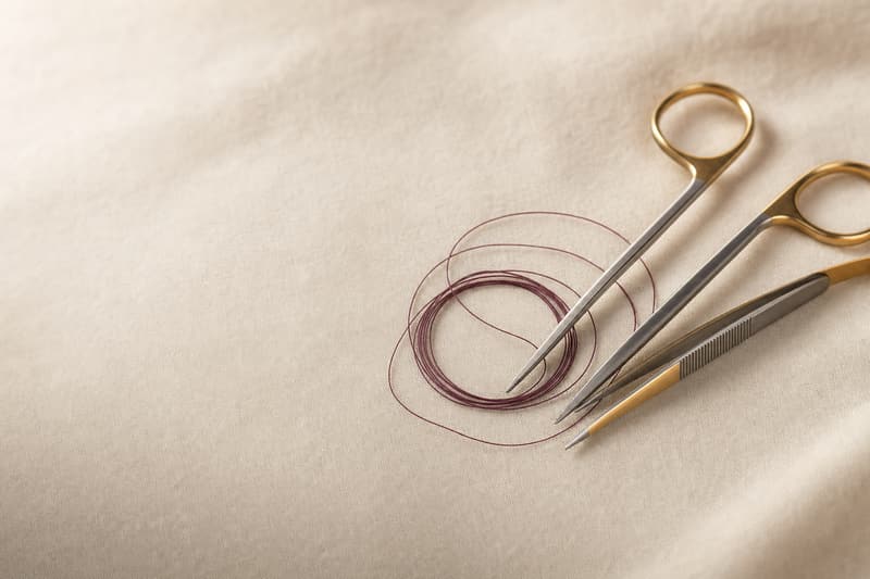 Instrumentos de microcirurgia e fio de sutura fino sobre campo creme
