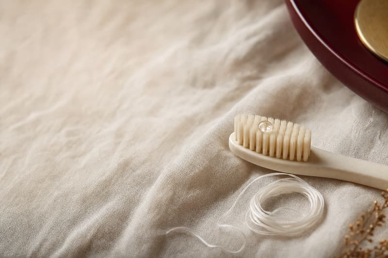 Escova de dentes de cerdas macias e fio dental sobre linho creme, com uma gota d'água nas cerdas