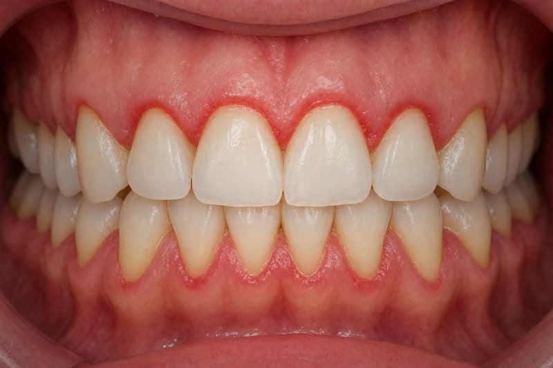 Gengiva avermelhada e levemente inchada junto aos dentes da frente, sinal de gengivite