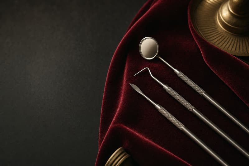 Instrumentais de limpeza odontológica alinhados sobre veludo bordô