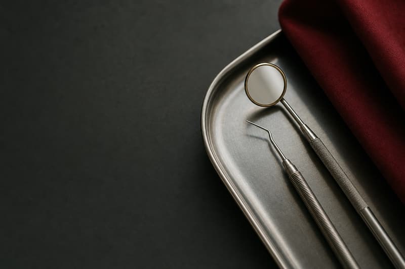 Sonda periodontal e espelho odontológico em bandeja de aço escovado, com tecido bordô