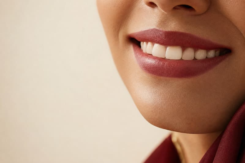 Sorriso feminino natural, em recorte dos lábios e do queixo, sobre fundo creme